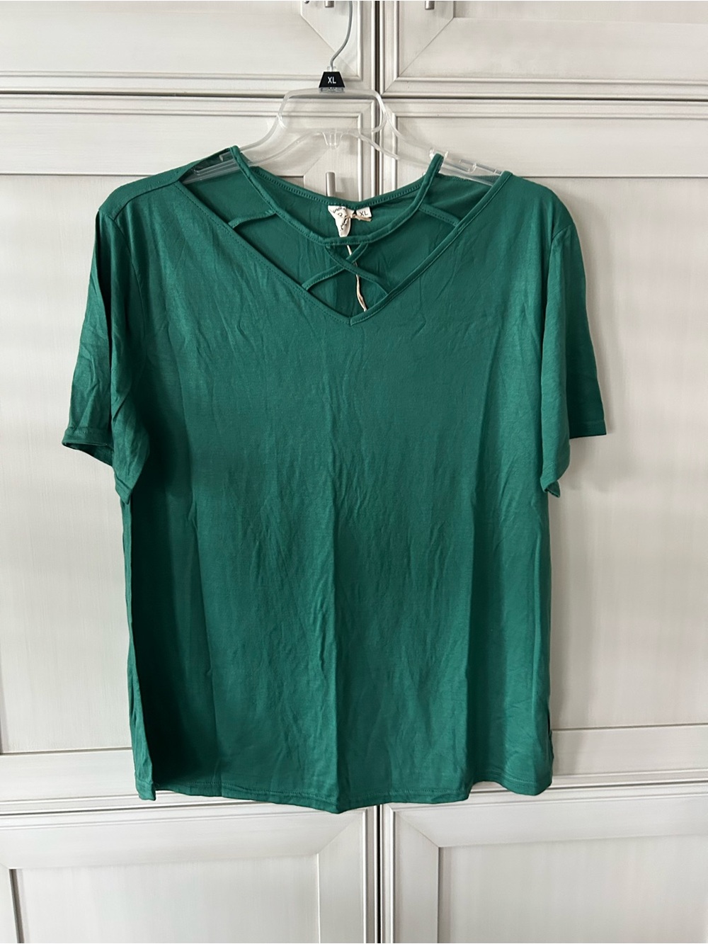 Women's Crisscross V-Neck Short Sleeve Tee - Emerald Green